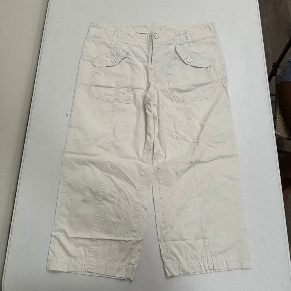Cream Cotton Wide Leg Cargo Capri‎ Pants Utility Cropped Trousers 34 Waist